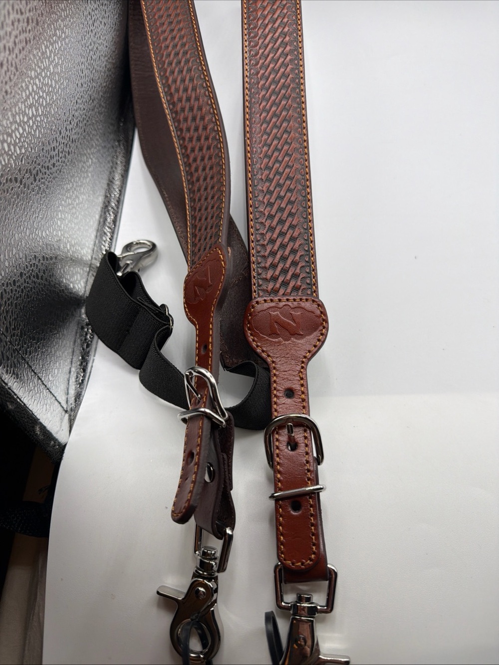 Nocona Belt Co. Mens Basketweave Embossed Leather Brown Sz M Suspenders New